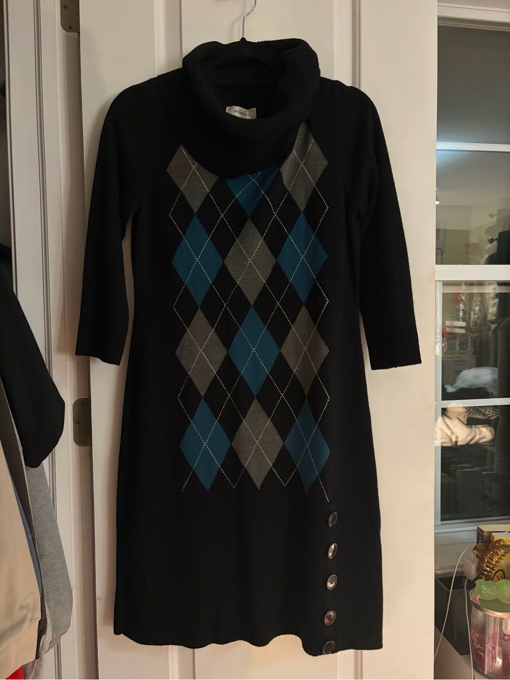 dressbarn Black Cowl Neck Argyle Sweater Dress with Blue and Gray Diamonds